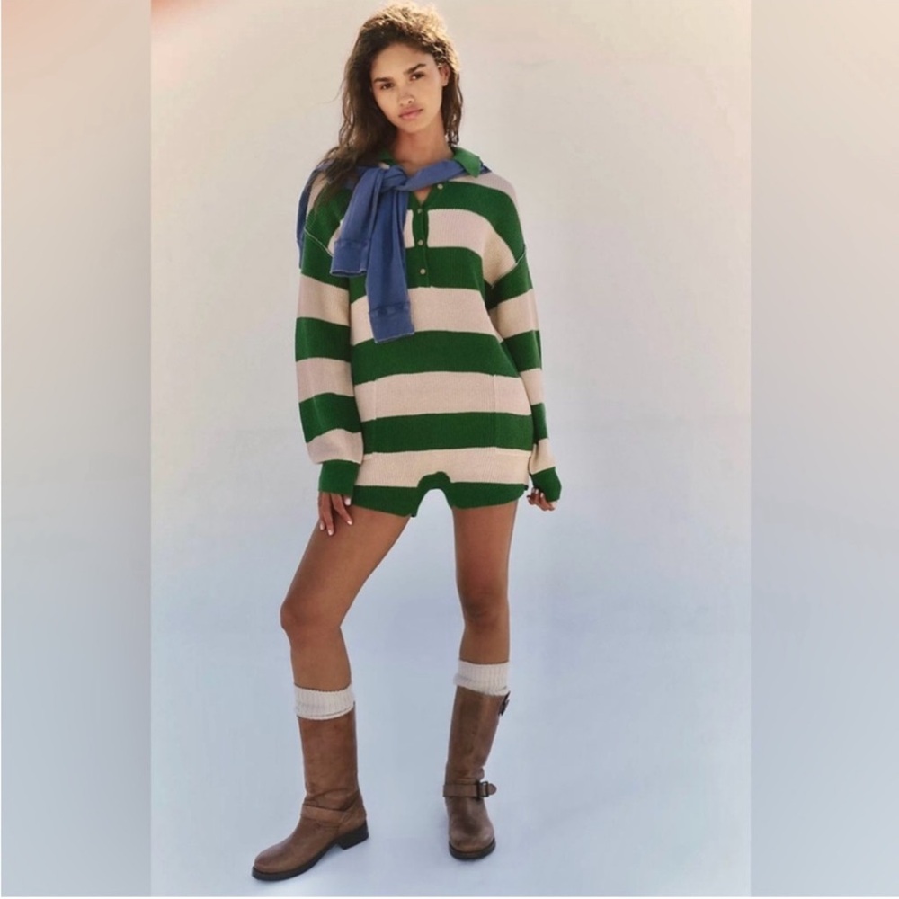 Free People FP Beach Picnic Striped Sweater Romper Kelly Green Combo Sz medium - Picture 7 of 12